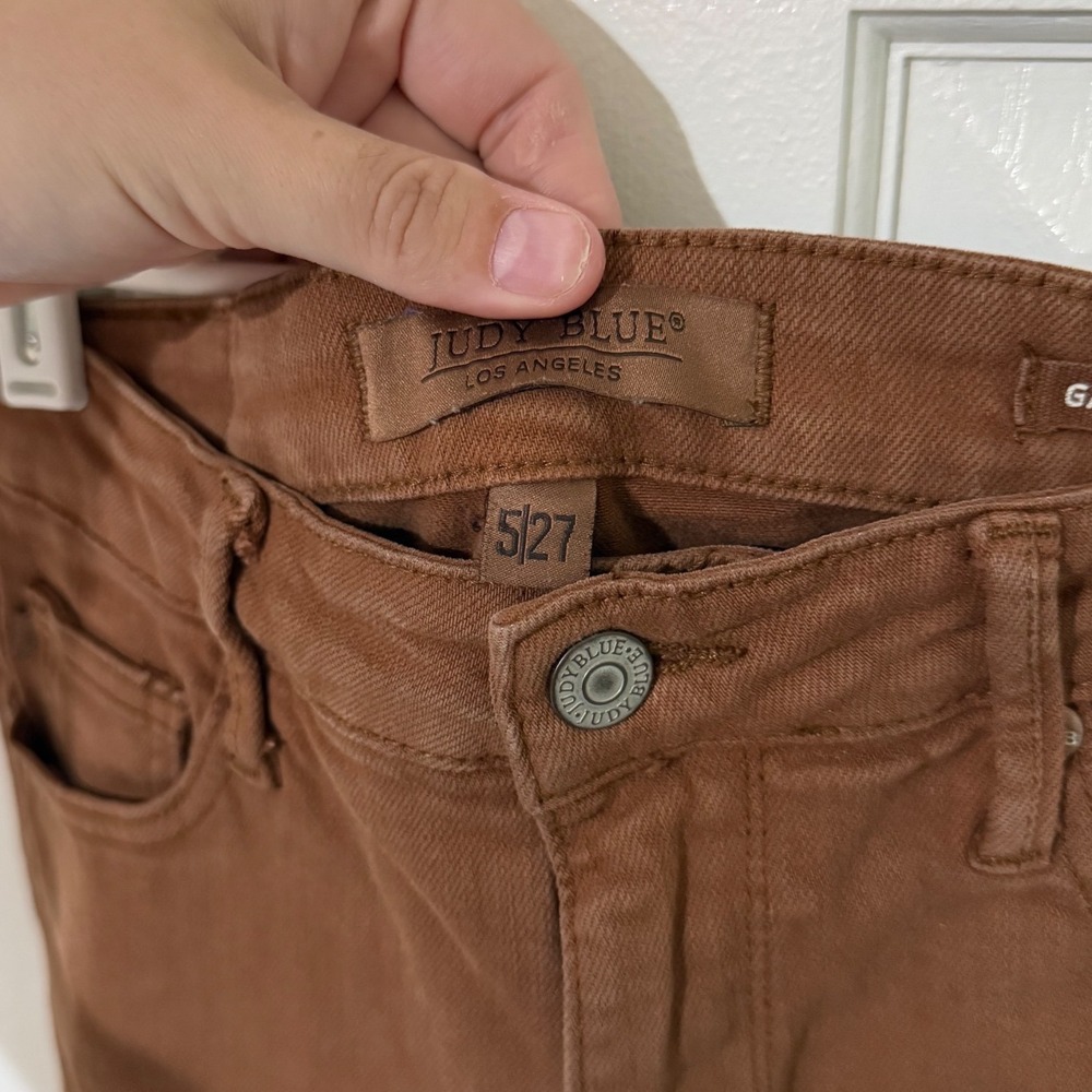Judy Blue Brown Garment Dyed Raw Hem Flare Jeans 5/27 Rust High Rise Stretch - Picture 4 of 5